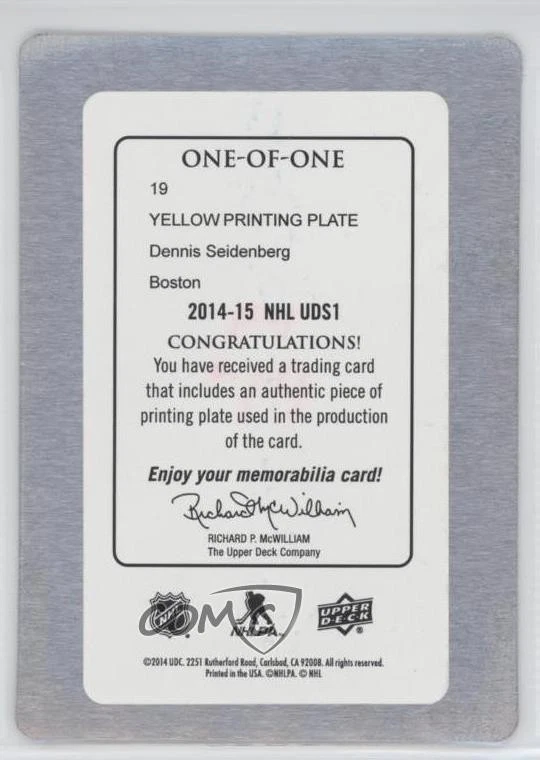 2014-15 Upper Deck Printing Plate Yellow 1/1 Dennis Seidenberg #19 i9i - Image 2 of 3