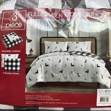 New Christmas Black White Buffalo Plaid Dogs Reversible Full Queen Comforter Set