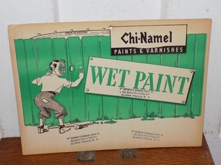 Vintage Chi Namel Wet Paint Cardboard Sign