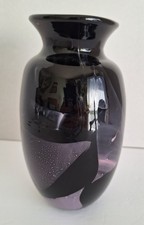 Gorgeous Artist Signed Contemporary Blown Black Glass Vase 10"