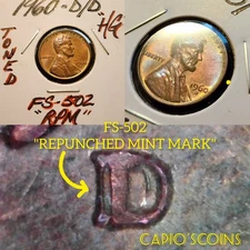 HG TONED "FS-502 RPM" UNC 1960-D/D LINCOLN MEMORIAL CENT ERROR VARIETY BEAUTY!