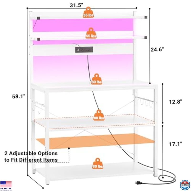 Bakers Rack with Power Outlet, 5-Tier Microwave Stand & LED Lights, White