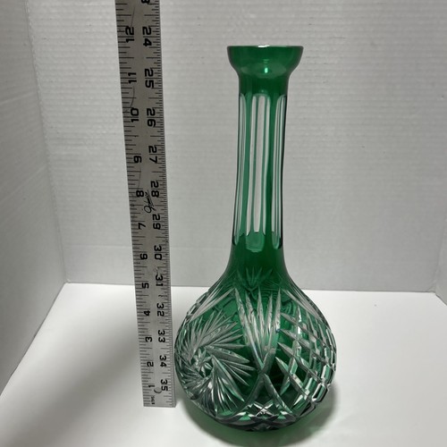 Vtg Bohemian Decanter Green Brilliant Cut To Clear Crystal Elegant Barware READ - Picture 7 of 8