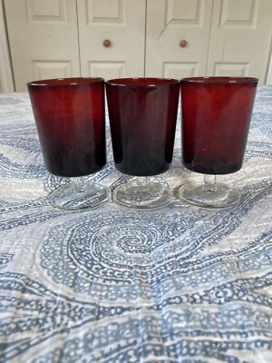 Ruby Red Stem 8-ounce Wine Glasses  Arcoroc Luminarc Cavalier France Set Of 3