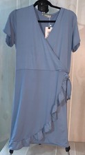 NEW Moyabo woman XL dress blue ruffle faux wrap V Neck short sleeve