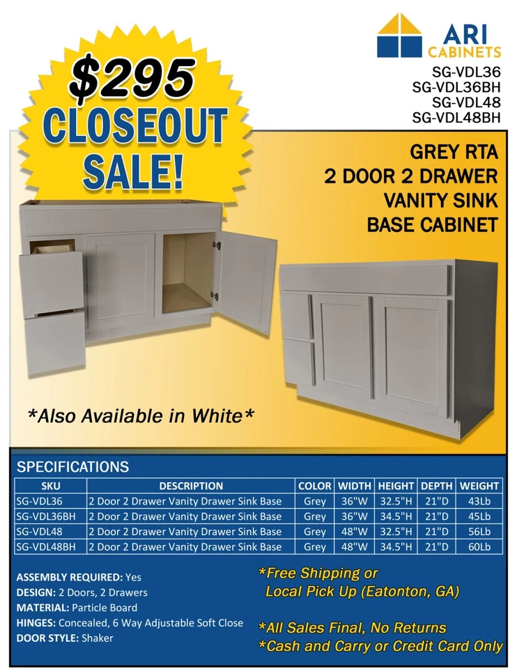 [NEW] White or Grey Vanity Drawer Sink Base RTA Cabinet w/ 2 Doors, 2 Drawers - Image 2 of 4