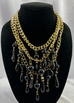 LINEA Louis Dell'Olio Gold Tone Multi Chain Black Chunky Drop Layered Necklace