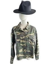 Lux Apothetique Camp Print Frayed Hem Cropped Jacket Boho Military Style Size S