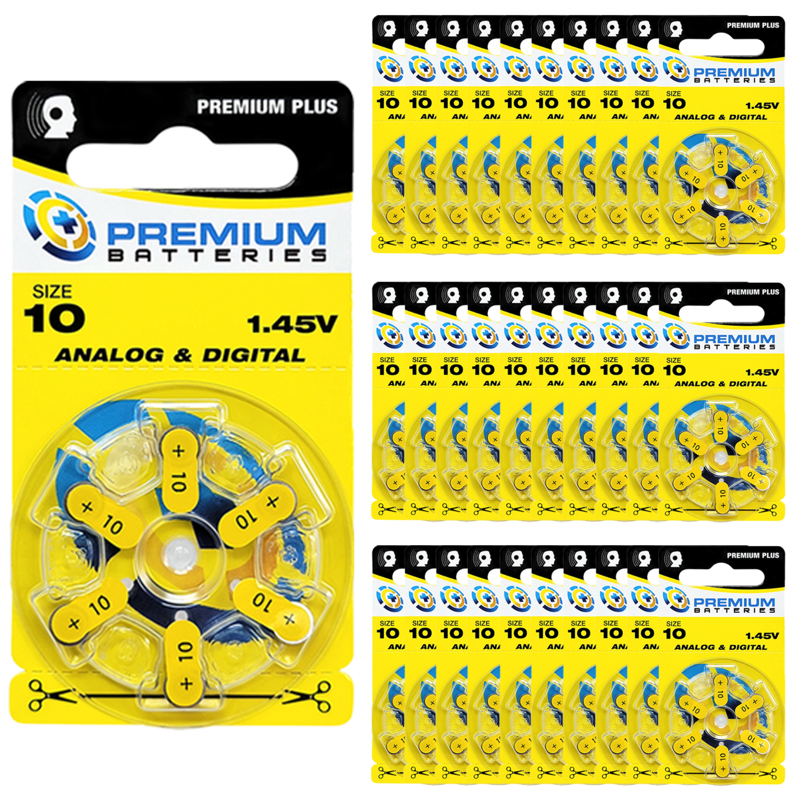 Premium Batteries Size 10 ZA10 1.45V Hearing Aid Batteries Yellow Tab (180 Pack)-image
