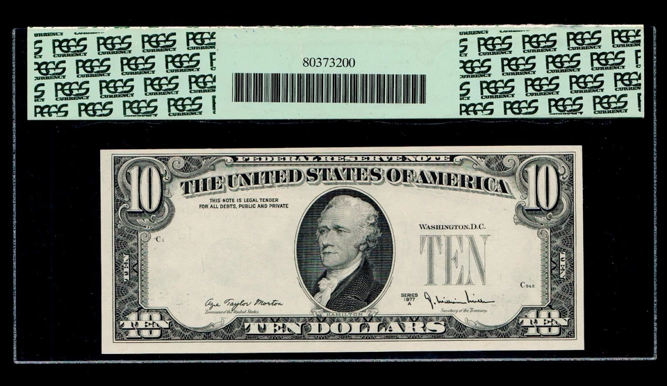 1977 A $10 Federal Reserve Note Overprint on Back Error PCGS 64 - Image 2 of 2