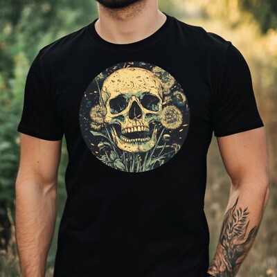 Mens Skull Dandelion Print Cotton T-Shirt Size XS to 5XL