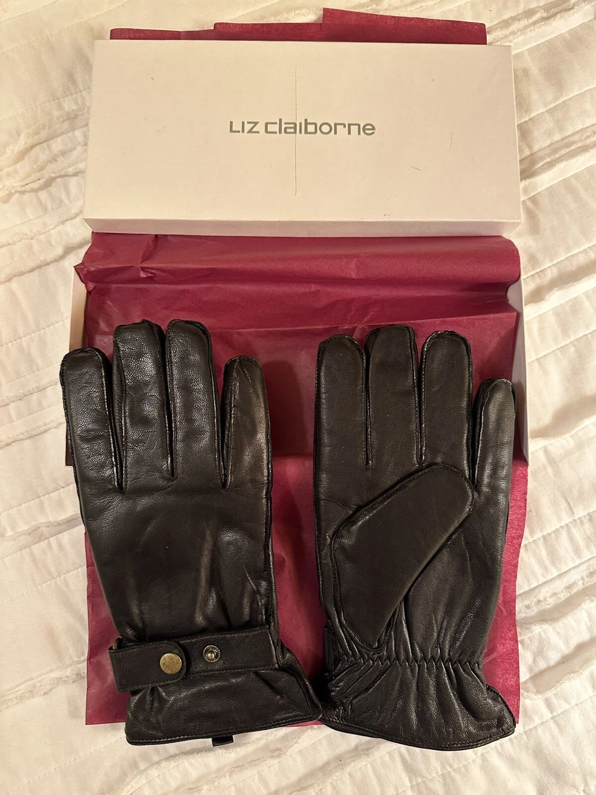 NEW! Liz Claiborne Driving Gloves Black Leather Lined Gloves Size M with Box