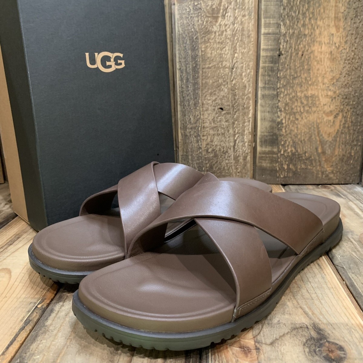 UGG WAINSCOTT SLIDE SANDAL GRIZZY BROWN LEATHER CUSHIONED 