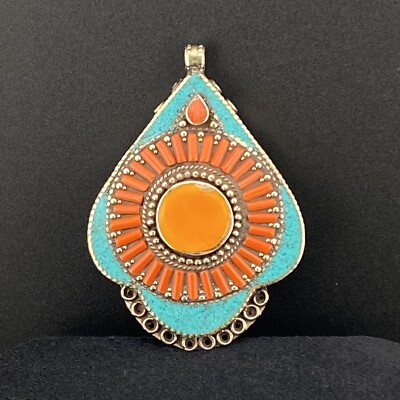Beautiful Tibetan Nepalese Turquoise,Yellow Resin & Man made Coral Nice Pendant