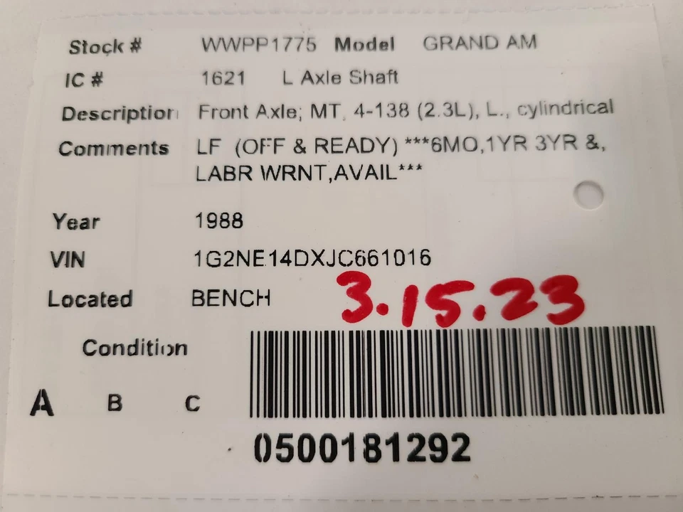 Eje de transmisión delantero izquierdo usado se adapta a: Pontiac Grand am 1988 eje delantero MT 4-138 Foto 4 de 4