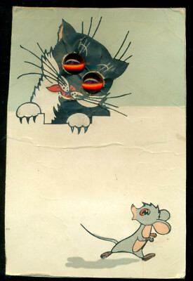 CAT WANTS TO CATCH & EAT MOUSE, SHINY RED PLASTIC EYES OLD VIEWCARD