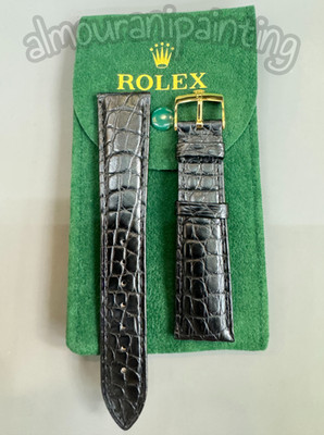 Rolex 20/16mm Black Crocodile Leather Band w/ 𝐑𝐎𝐋𝐄𝐗 Crown Gold Buckle NOS