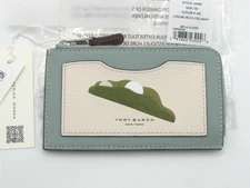 Tory Burch Color-Block Pea Pod Leather Zip Card Case Blue Celedon NWT Orig. Pkg.