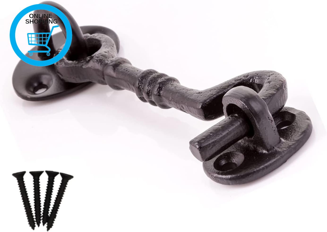 Black Cabin Hook 4-Inch Traditional Cast Iron Fancy Cabin Hook & Eye Silent Catc