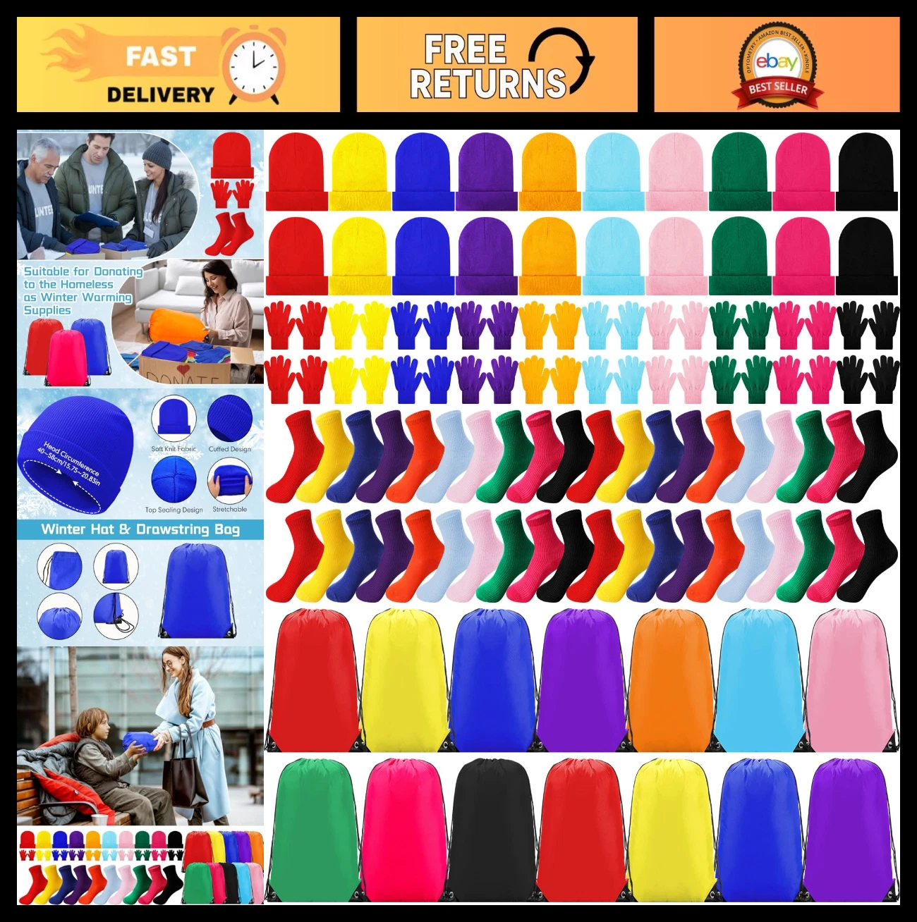 30 Set Kids Winter Beanie Hats Gloves Socks Drawstring Backpacks Unisex Donation