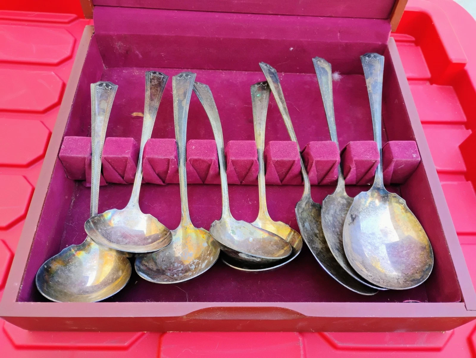 8 Serving Spoons NSC EPNS Silverplated with Box Ladle Antique to MCM Pre-Loved