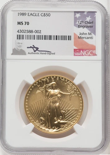 1989 $50 One-Ounce Gold Eagle NGC MS70 Mercanti Signed