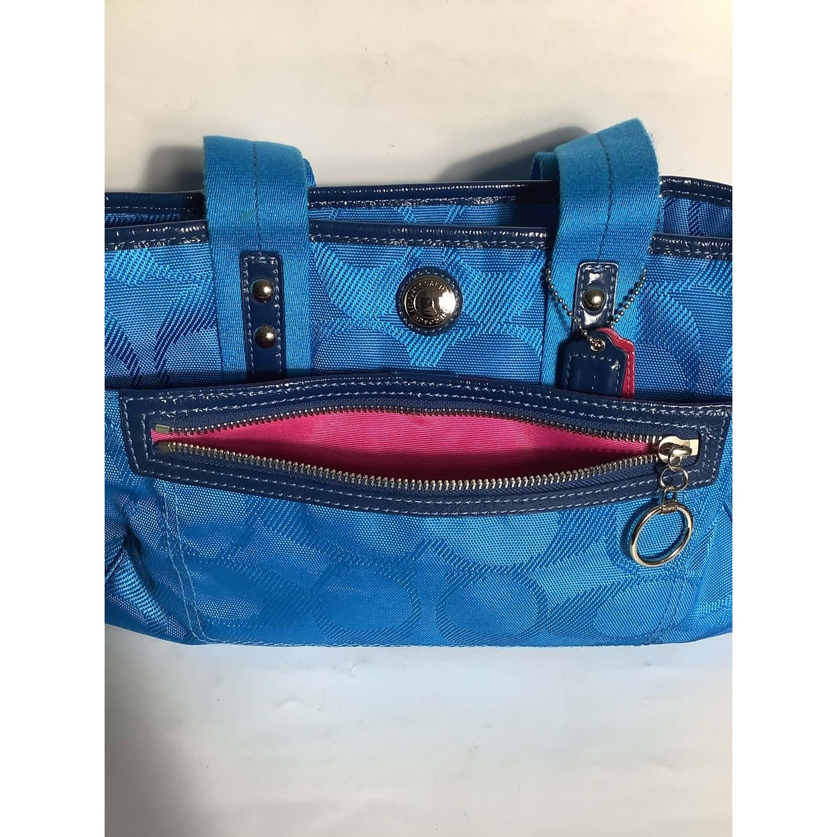 Coach Poppy Signature Sateen Pocket Tote Blue Pink F14876 Rare