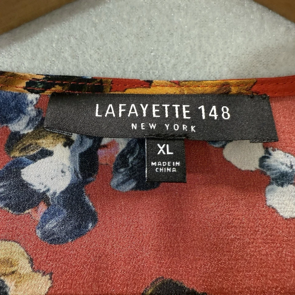 Blusa Lafayette 148 Talla XL Plus Sela Roja Estampado Floral Seda Manga 3/4 Cuello en V Foto 4 de 4