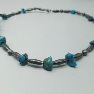 Vintage Native American Necklace Silver Beads And Turquoise Stones 20 Inch Long