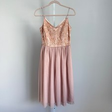 Adrianna Papell Pink Beaded Sequin Tulle Midi Dress Formal Party Cocktail