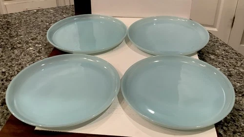 4-Fire King ovenware  Delphite Blue Milk Glass 9" Dinner/luncheon Plates ~ USA