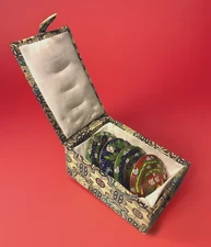 Vtg 4 Pc Chinese Cloisonné 2” Pendants Dragon, Phoenix, Floral/Brocade Silk Box