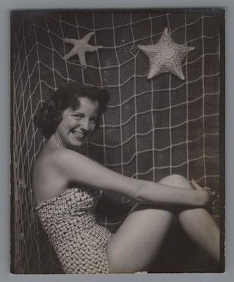 1956 Pretty Young Lady Bathing Suit Balboa Park CA Nautical photo Booth 1B