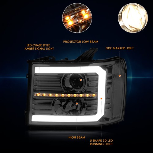 For 07-14 Sierra LED DRL+Sequential Signal Lamp Projector Headlight Smoked/Clear - Picture 3 of 8
