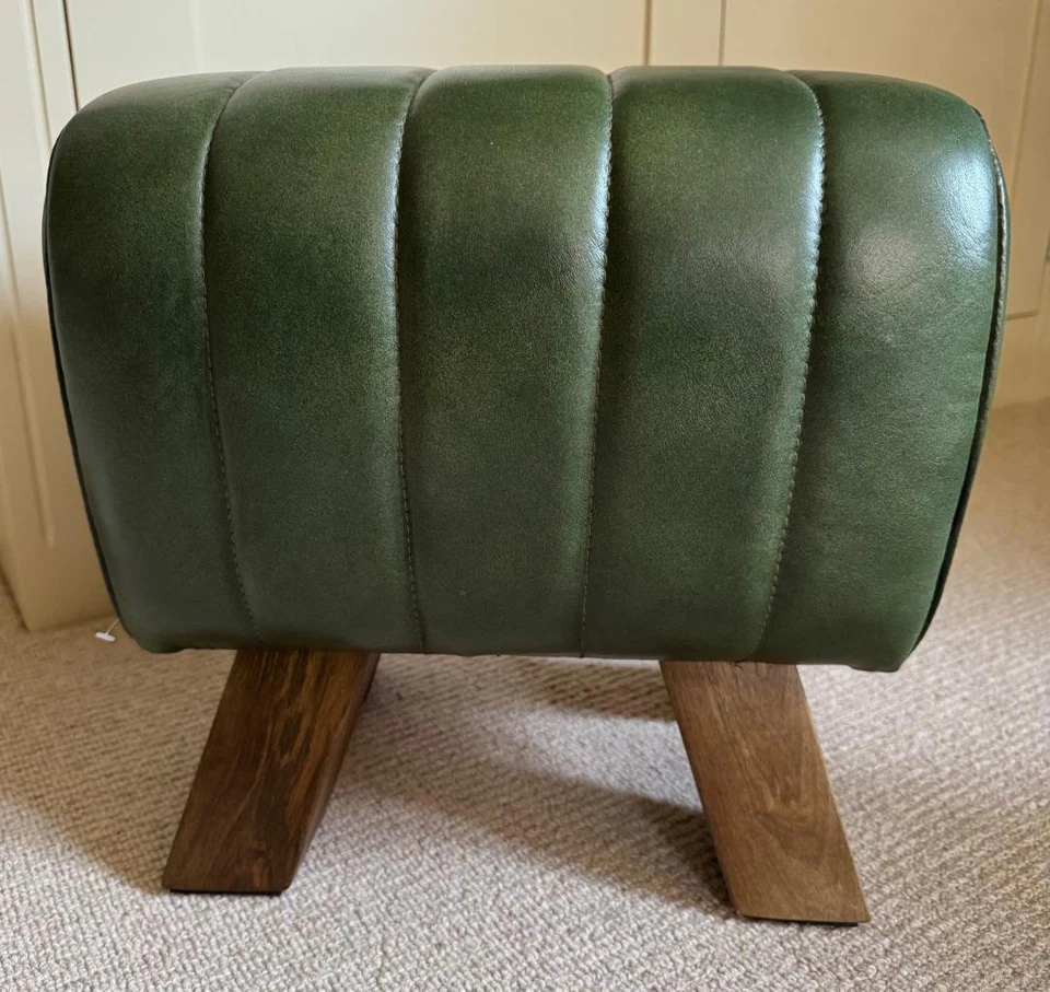 Green Leather Stool / Footstool Wood Legs Pommel Horse Style Retro Vintage - Image 2 of 4