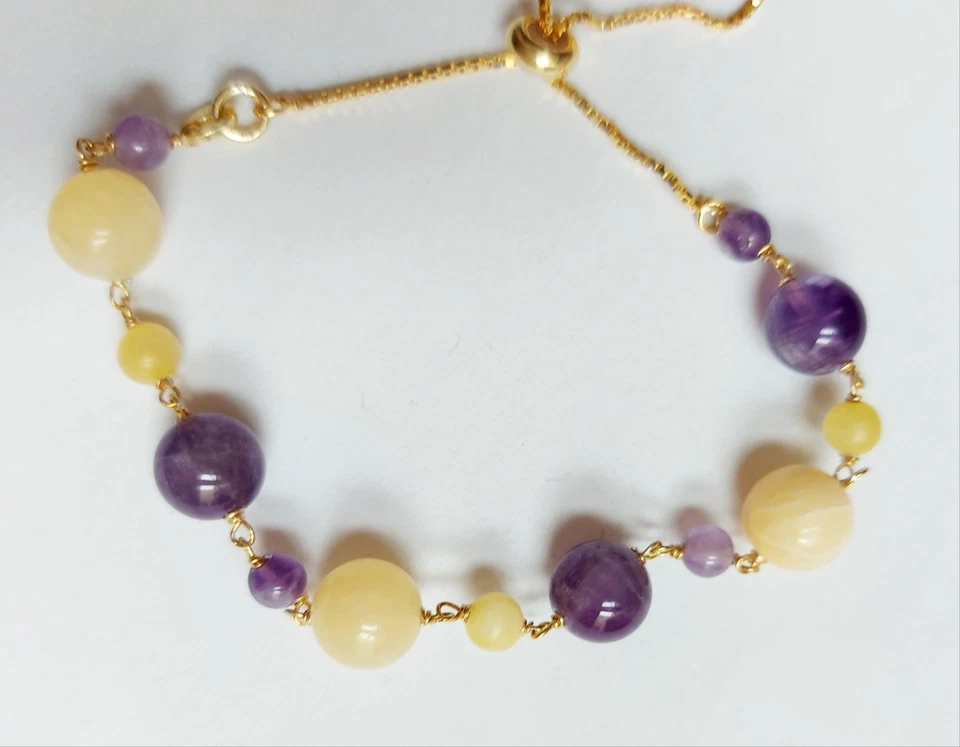 Bracciale in argento 925 dorato oro con ametista, avventurina e giada gialla  - Immagine 4 di 4