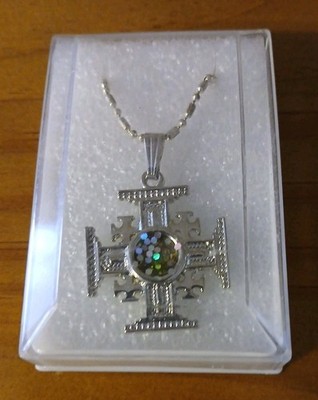 Jerusalem Cross w/ Sparkling Center Silvertone  1'' square and chain
