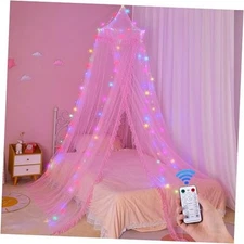  Bed Canopy for Girls with Remote Timer Breathable Canopy Bed Curtains Pink