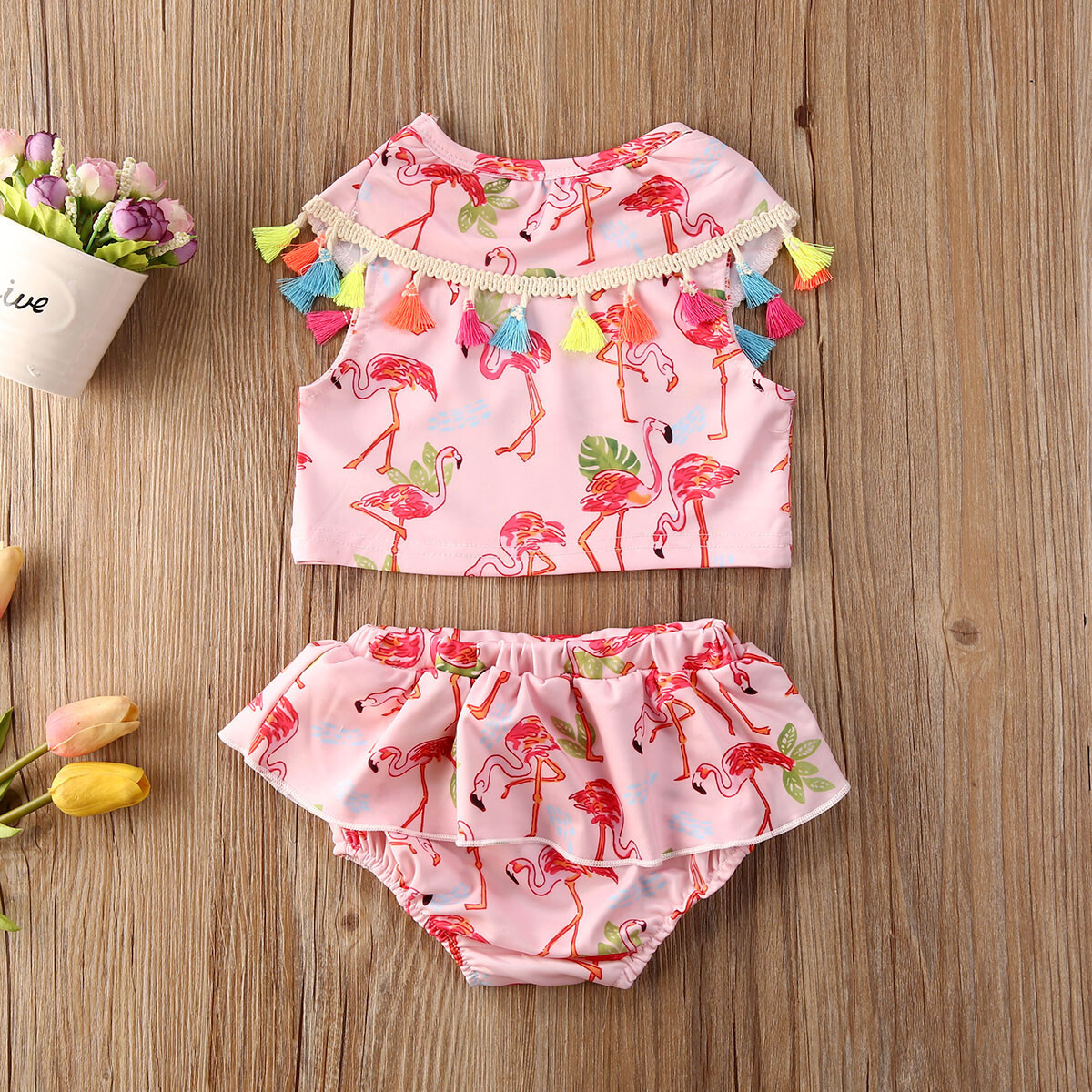 NEW Girls Flamingo Pink Ruffle Pom Pom Bikini Swimsuit Bathing Suit 2T 3T 4T 5T