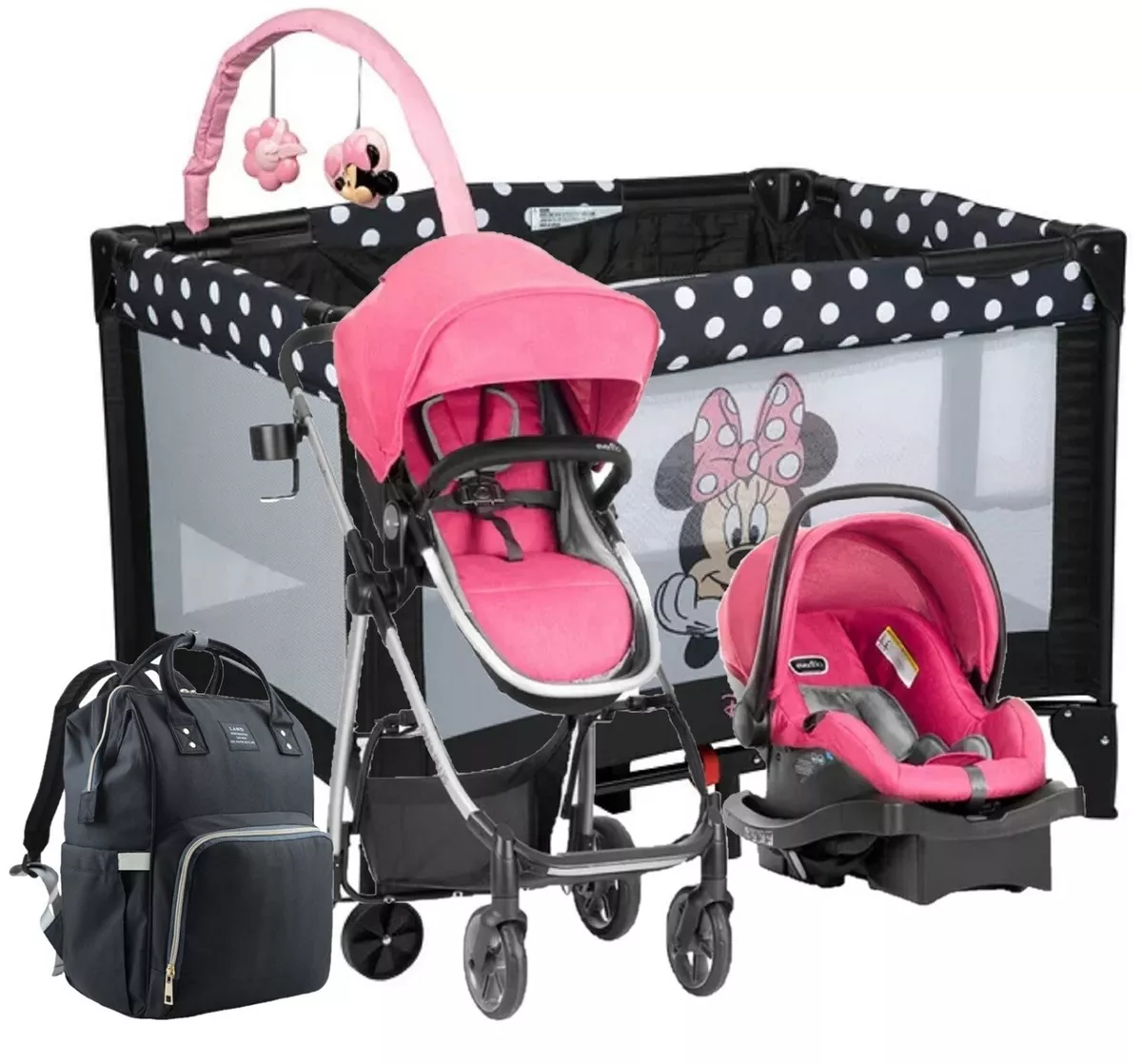 Pink Combo Baby Girl Stroller With Car Seat Playard Diaper Bag Travel  System Set