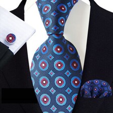 Classic Polka Dot Blue Red Jacquard Silk Men's Tie Necktie Hanky Cufflink Set
