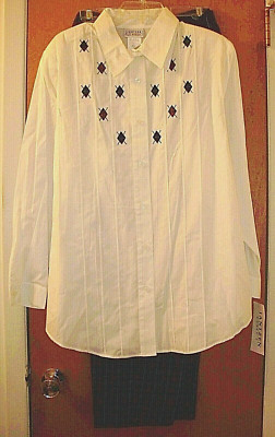 NEW Women's JANTZEN 2PC Pant Set, Blouse 2X 2T Pant 20 Off-White Navy Blue Green