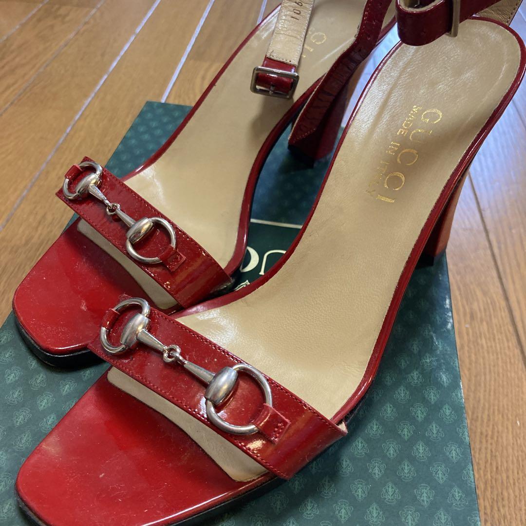 美品GUCCI レッド ウェッジサンダル　37+ GUCCI Sandals Enamel Red Women Size 37/US7 Preowned