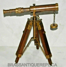 Telescope With Wooden Tripod Stand Brass Collectible Antique Finish Navy Marine 