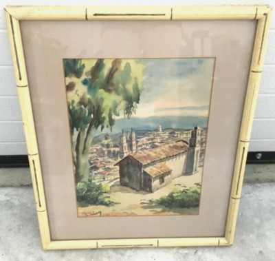 Benito Diaz Watercolor Painting Mexican City Scene with Multiple Churches