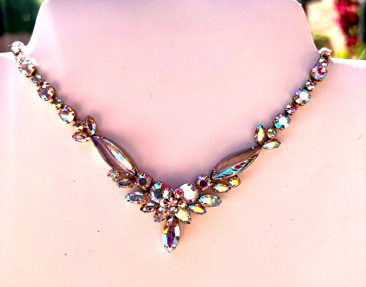 Vintage Sherman Unusual hard to find 17 aurora borealis signed necklace EUC