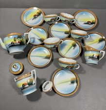 Vintage Noritake Hand Painted House on Lake at Sunrise 16 Piece Tea Set