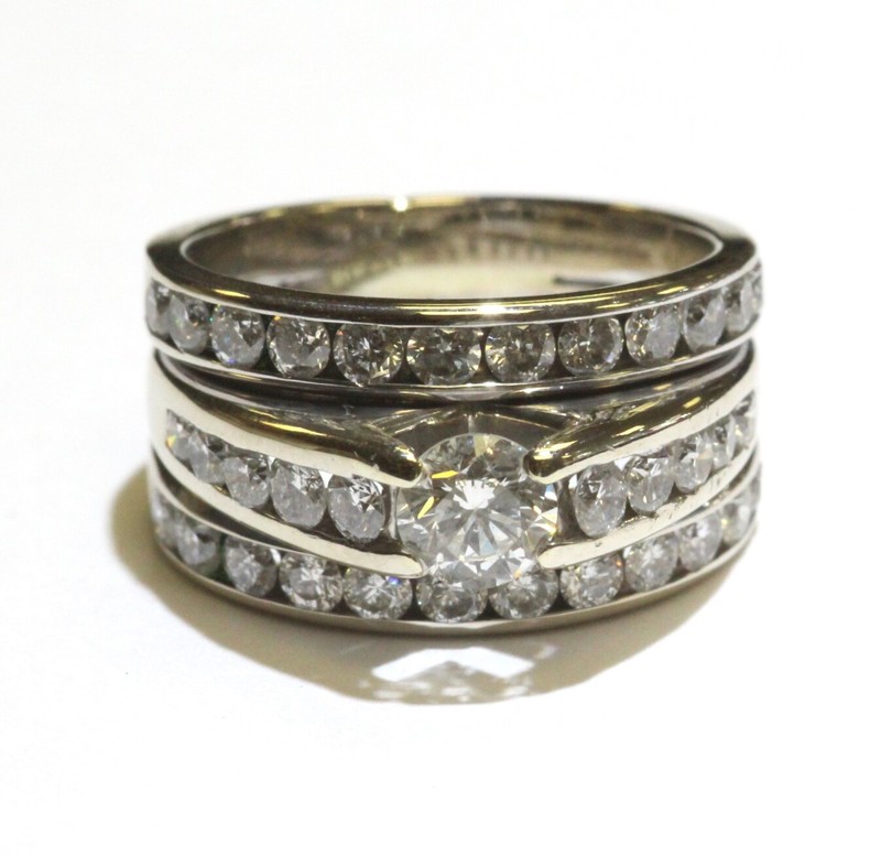 14k white gold 2.03ct SI1 H round diamond engagement ring 2 wedding bands 7.8g 
