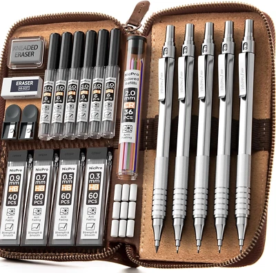 NICPRO 5 Stück Metall Druckbleistift Set in Lederetui, Bleistifte 0,3 & 0,5 & 0,7 & 0,9