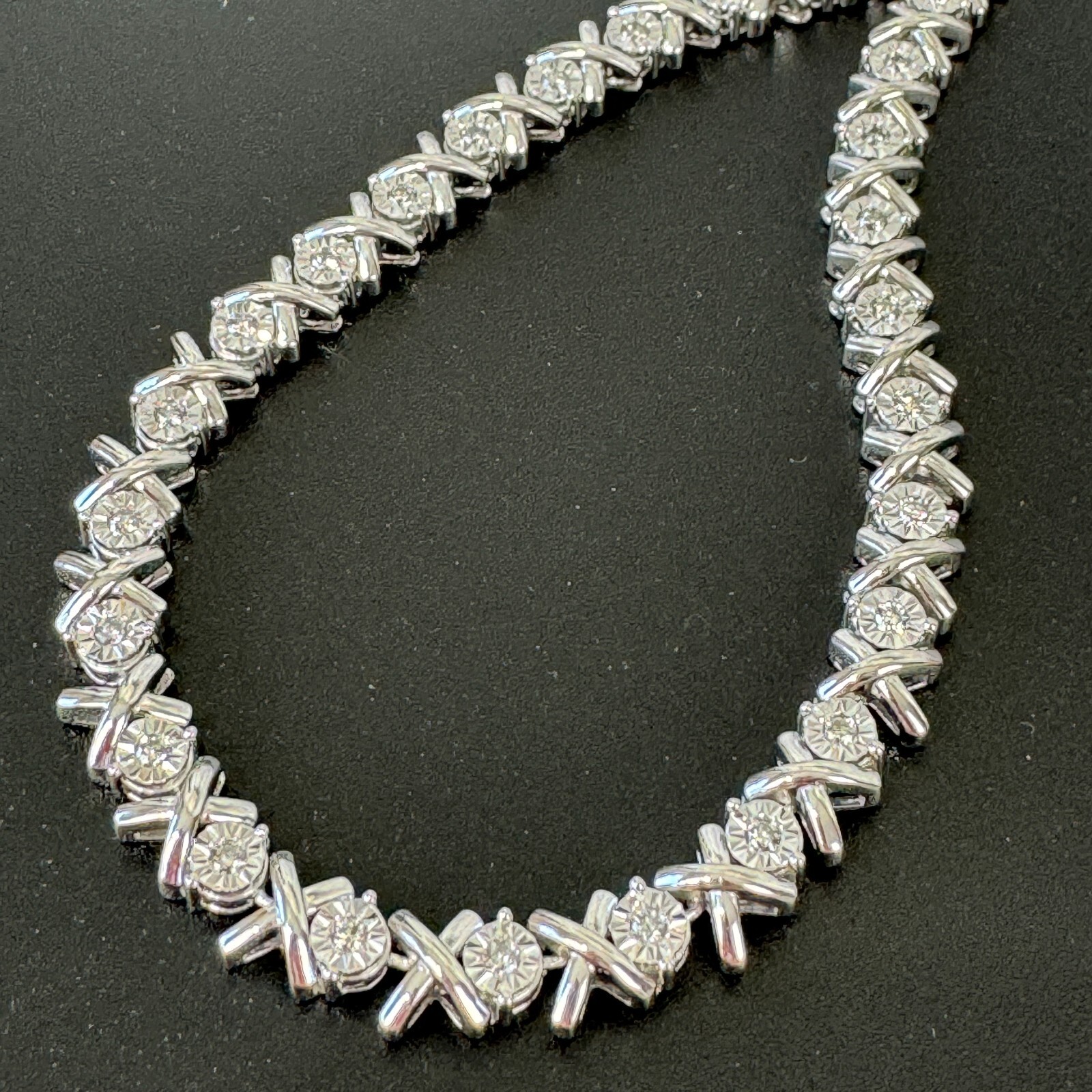 925 .5 ct Diamond X's & O's Hugs And Kisses Necklace 18" - 20" Sterling Silver